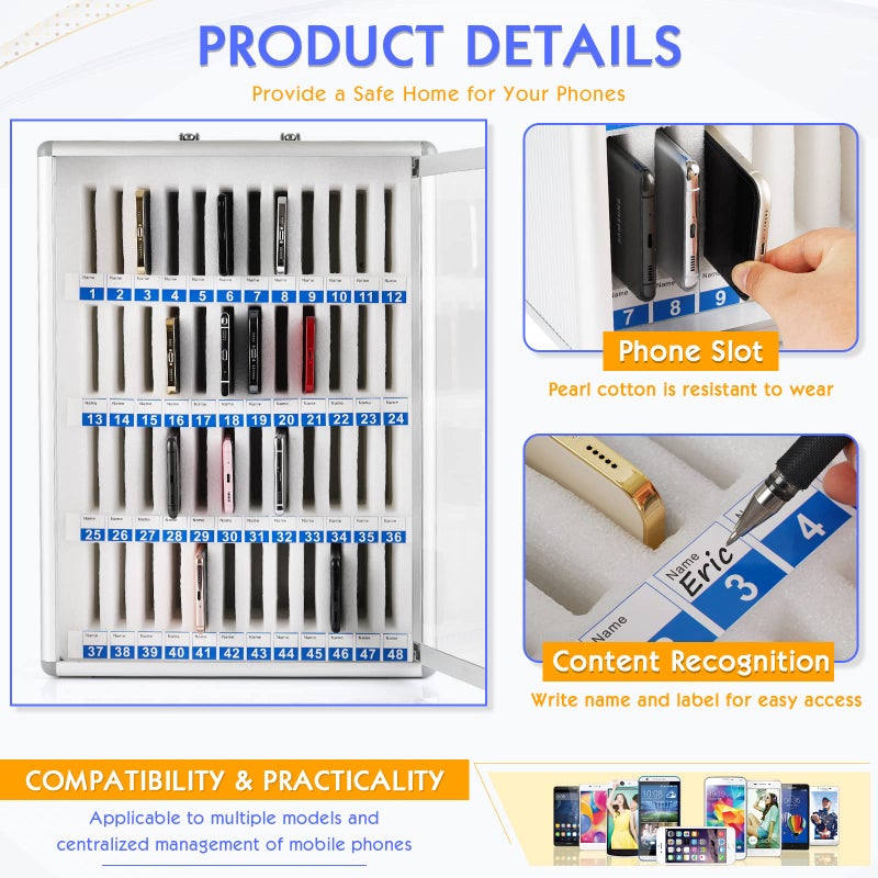 Ozzptuu 48 Slots Aluminum Alloy Pocket Chart Storage Cabinet for Cell Phones,Wall-Mounted with a Locked,Can be Carried by Hand (48 Slots) - Image 4